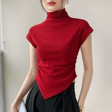 半高领不规则设计感短袖T恤女2023早秋新品修身正肩上衣棉打底衫商品大图