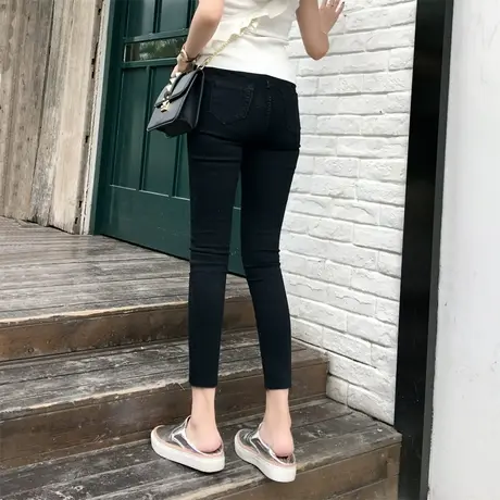黑色牛仔裤女修身显瘦2023秋冬加绒小个子八九分高腰铅笔紧身小脚商品大图