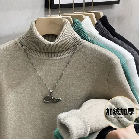 高领毛衣男纯色针织衫秋冬装保暖一体绒加厚加绒翻领打底衫毛线衣商品大图