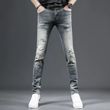 2023新款高端破洞牛仔裤男款修身小脚水洗复古潮流新款男士牛仔裤商品大图