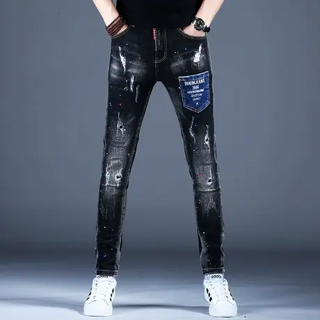 新款男士秋季厚款牛仔裤男款黑灰色喷漆破洞潮牌小脚裤子2023百搭商品大图