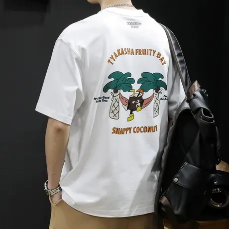 纯棉短袖t恤男宽松潮牌大码男装2023新款男士重磅印花体恤夏季白商品大图