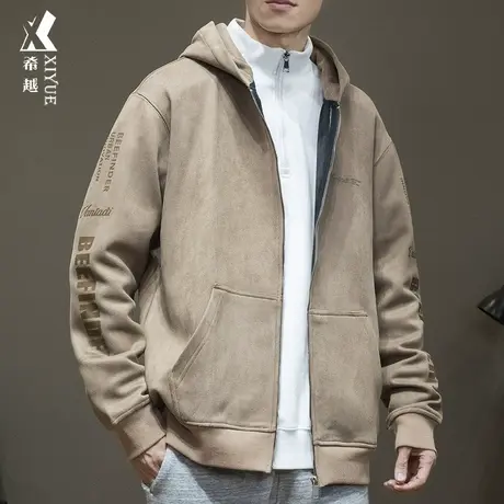 希越麂皮绒口袋印花卫衣男秋季宽松大码480g重磅休闲百搭连帽外套图片