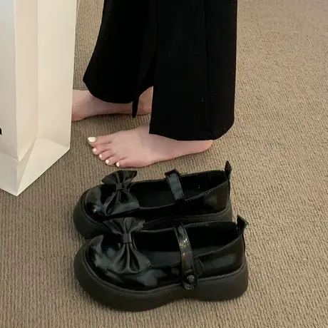 复古小皮鞋女2023新款春夏蝴蝶结厚底增高鞋子百搭黑色玛丽珍女鞋商品大图