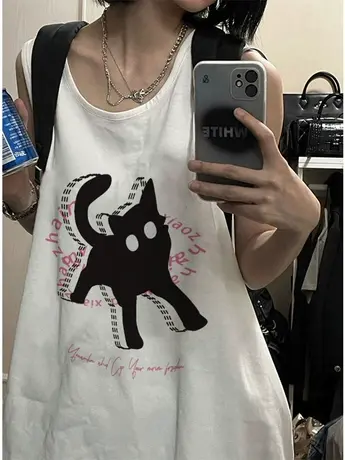 美式复古纯棉吊带运动坎肩背心无袖t恤女夏外穿宽松港风挂脖上衣商品大图
