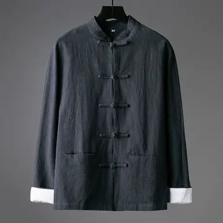 秋季红色盘扣唐装男中老年立领中山装外套中式秀禾服棉麻茶服上衣图片