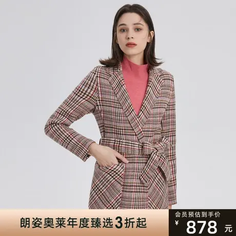 朗姿旗下奥莱冬季新款毛呢外套收腰系带格纹女式绵羊毛毛呢外套图片