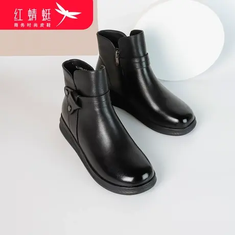 红蜻蜓女鞋2023冬季新款加绒真皮百搭女短靴棉靴舒适休闲保暖女靴图片