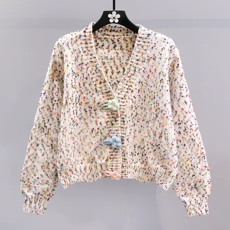 日系软糯V领毛衣外套女秋冬2023新款宽松慵懒风洋气短款针织开衫商品大图