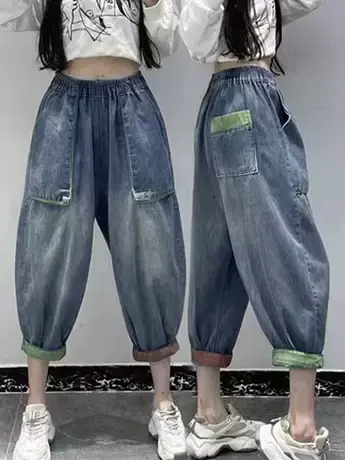 2023夏季新款薄款复古拼色牛仔七分裤女宽松显瘦大口袋哈伦裤子潮商品大图