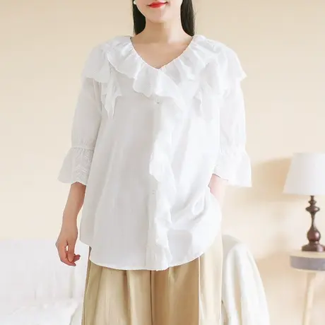 胖妹妹夏季2023新品荷叶花边领五分袖衬衫大码微胖设计感显瘦上衣商品大图