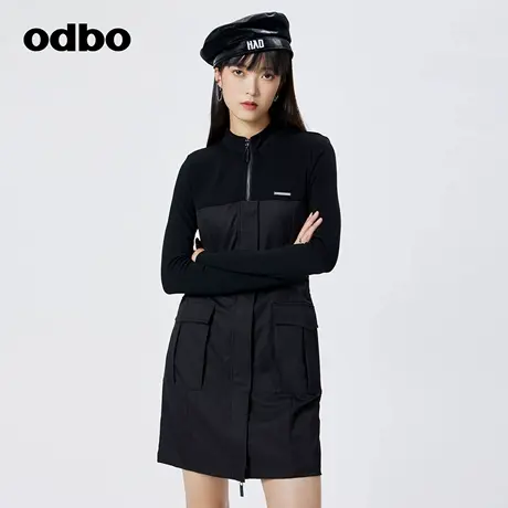 odbo 过年别致独特裙子春季新款黑色显瘦拼接半高领拉链连衣裙女图片