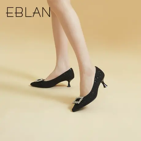 伊伴2023秋季新款女鞋时装单鞋气质水钻细跟单鞋尖头一脚蹬通勤鞋商品大图