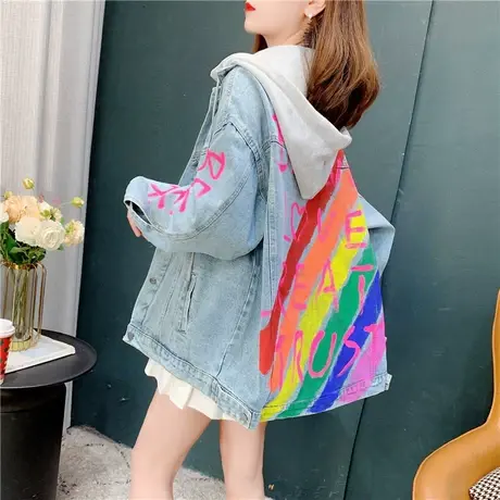 彩虹条纹连帽牛仔外套女春装2022新款宽松慵懒风百搭休闲夹克上衣商品大图