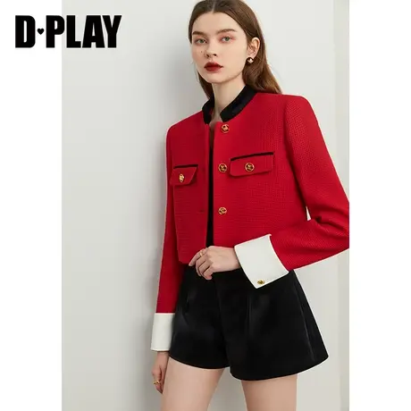 DPLAY【黑标】春季新款轻奢复古红色羊毛粗花呢小香风短外套商品大图