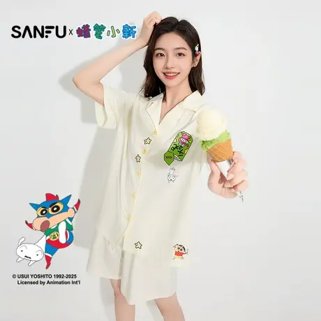三福【蜡笔小新联名】女夏季可爱翻领上衣短裤家居服502860商品大图