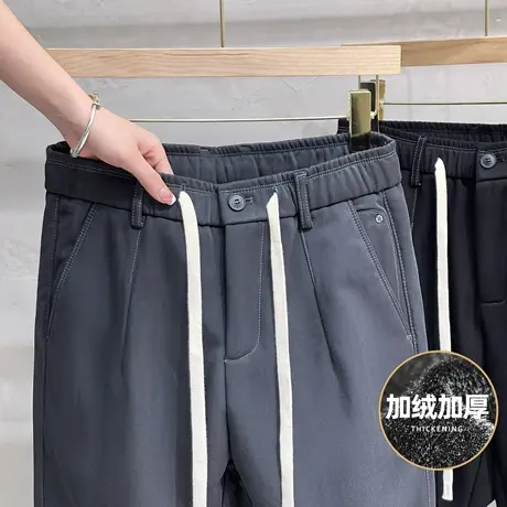 抗皱加绒加厚男士休闲裤秋冬款宽松直筒通勤黑色长裤男冬季裤子商品大图