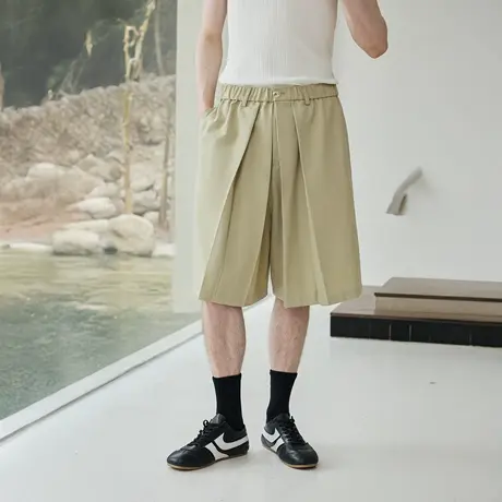 Lilbetter羊毛混纺高级感立体褶裥男士裙裤夏季宽松休闲五分裤图片
