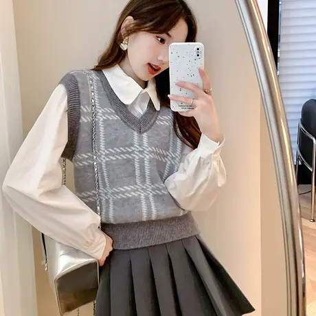 唐狮时尚V领毛衣背心女秋冬新款短款秋季新款套头学院风马甲图片