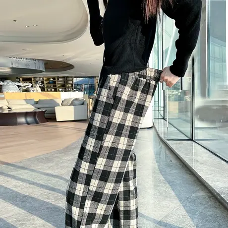 复古黑白格子毛呢阔腿裤女秋冬高腰显瘦垂感窄版直筒休闲拖地裤子图片