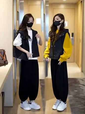 秋季新款马甲茶系穿搭卫裤高级感时尚减龄慵懒风圆领卫衣三件套装商品大图