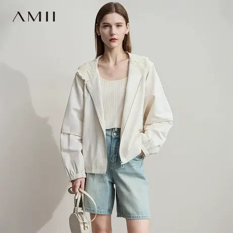 AMII【日系休闲外套】25秋夏日系休闲蕾丝减龄拉链连帽外套女秋秋图片