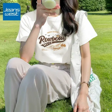 KWV真维斯白色短袖女t恤夏2025新款独特别致上衣宽松正肩半袖女装商品大图