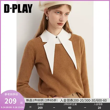 DPLAY2023新轻奢美拉德100羊毛金驼色圆领长袖卷边宽松套头毛衣商品大图