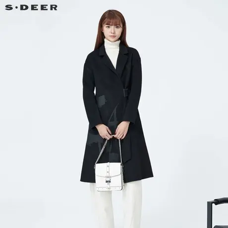sdeer圣迪奥女装西装领撞色印花收腰毛呢大衣S23482520图片
