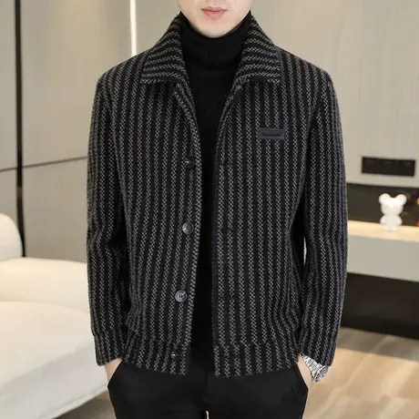 竖条纹呢子夹克外套男加厚秋冬季翻领毛呢大衣短款男装保暖上衣服商品大图