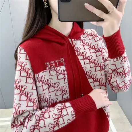 针织卫衣女慵懒连帽宽松上衣高级感字母洋气帽衫秋冬打底加厚毛衣图片