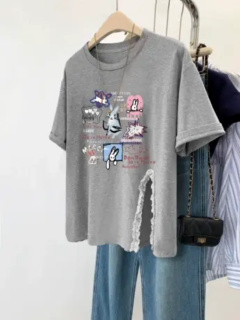 短袖T恤休闲风灰色不规则夏季女装胖mm大码显瘦潮ins港风开叉上衣商品大图