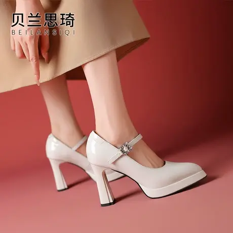 真皮一字带厚底粗跟单鞋女2025春秋季新款模特走秀防水台高跟鞋商品大图