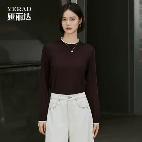 【商场同款】娅丽达灰色羊毛针织衫女春秋新款修身显瘦圆领上衣商品大图