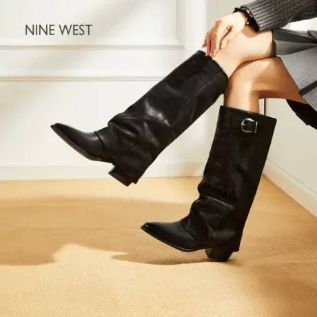Nine West/玖熙不过膝长筒靴女裤管靴粗跟冬季加绒尖头骑士堆堆靴图片
