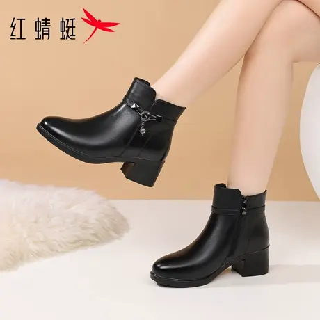 红蜻蜓冬季女鞋女士靴子高跟短靴女真皮加绒加厚高帮皮棉鞋妈妈靴图片