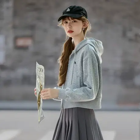yoe秋新款连帽卫衣女灰色休闲运动美式短款拉链开衫外套秋tuTA图片