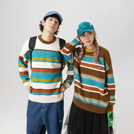 复古情侣装条纹毛衣女秋冬2023年新款慵懒风宽松糖果色针织衫外套图片