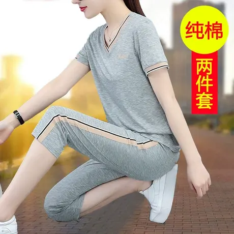 纯棉运动套装女妈妈两件套2023新款夏装休闲服短袖七分裤胖mm大码商品大图