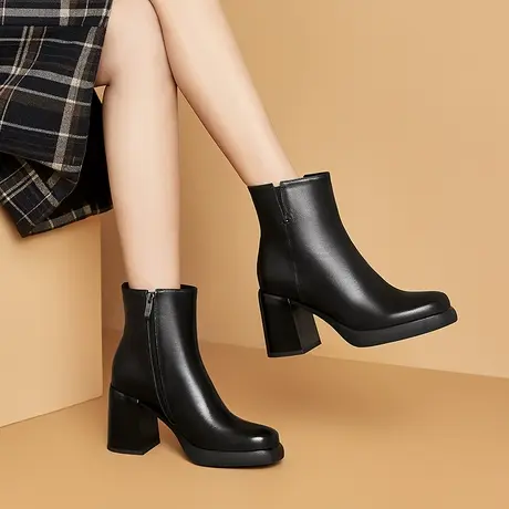 浓情漫宇秋冬新款圆头装脚真皮粗跟高跟头层牛皮舒适百搭高跟女靴图片