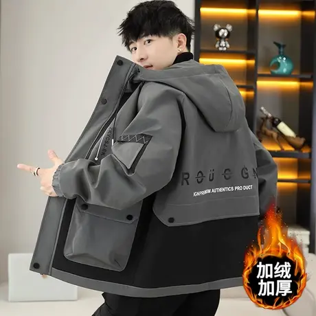 工装夹克男秋冬款加绒加厚连帽外套男春秋派克服青少年防寒冲锋衣商品大图