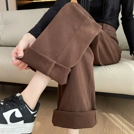 加绒窄版阔腿牛仔裤女冬季新款加厚高腰设计感直筒宽松显瘦拖地裤图片