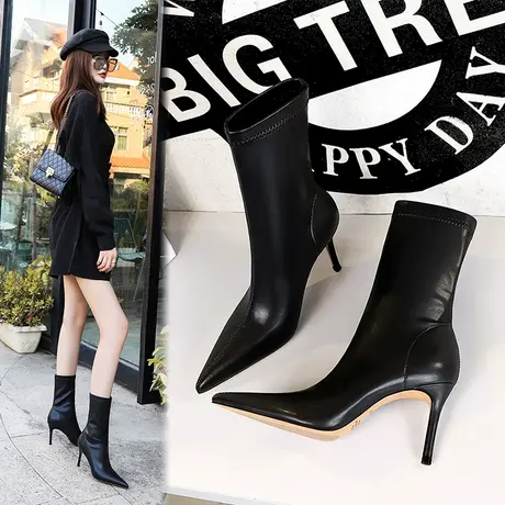 高跟短靴女2023秋冬新款网红尖头细跟弹力短靴瘦瘦靴高跟马丁靴子商品大图