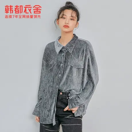 韩都衣舍2022秋冬复古宽松休闲丝绒百搭长袖衬衫女OM83170图片