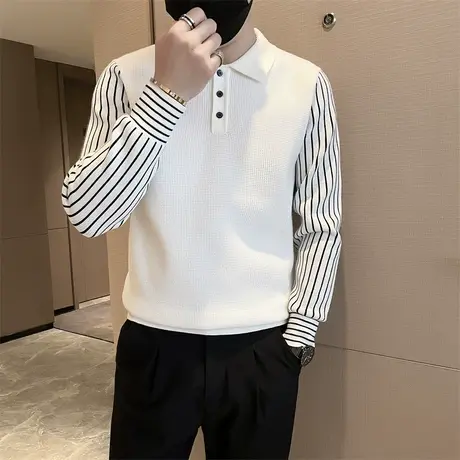 秋冬季拼接假两件毛衣条纹针织衫男ins轻熟风华夫格POLO领线衣图片