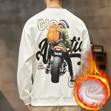 美式高街印花圆领卫衣冬季加绒加厚保温抗寒男生长袖上衣服秋冬款图片