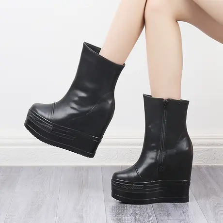 真皮内增高马丁靴女13cm甜酷休闲机车靴防水台厚底瘦瘦中筒靴单靴商品大图