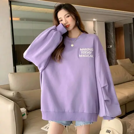 唐狮圆领卫衣女潮流上衣春秋新款卫衣chic港风设计感外套绿色商品大图
