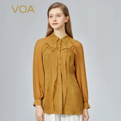 VOA提花桑蚕丝棕色活页设计翻领长袖拼接单排扣潮流原创真丝衬衫图片