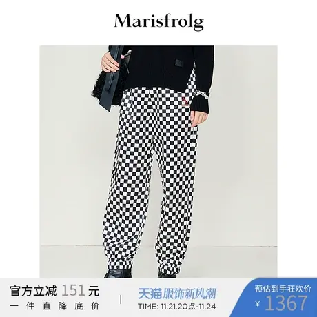 【商场同款】玛丝菲尔休闲裤21年冬季新黑白格纹休闲直筒长裤图片